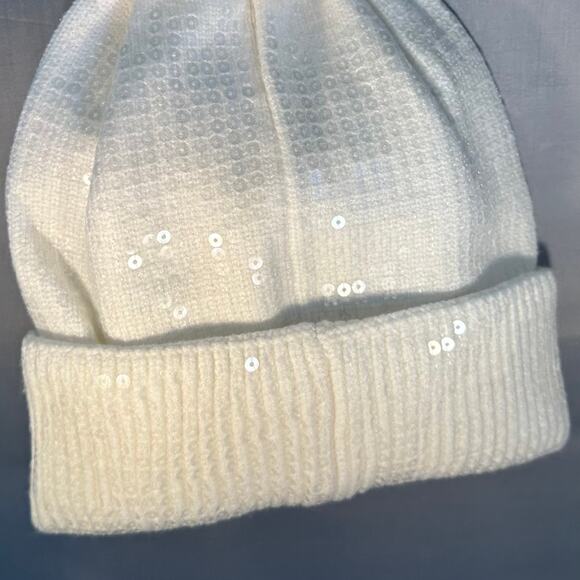 C.C Women’s White Sequin Pom Pom Knit Beanie & Silver Cubic Zirconia Earrings - Picture 7 of 16